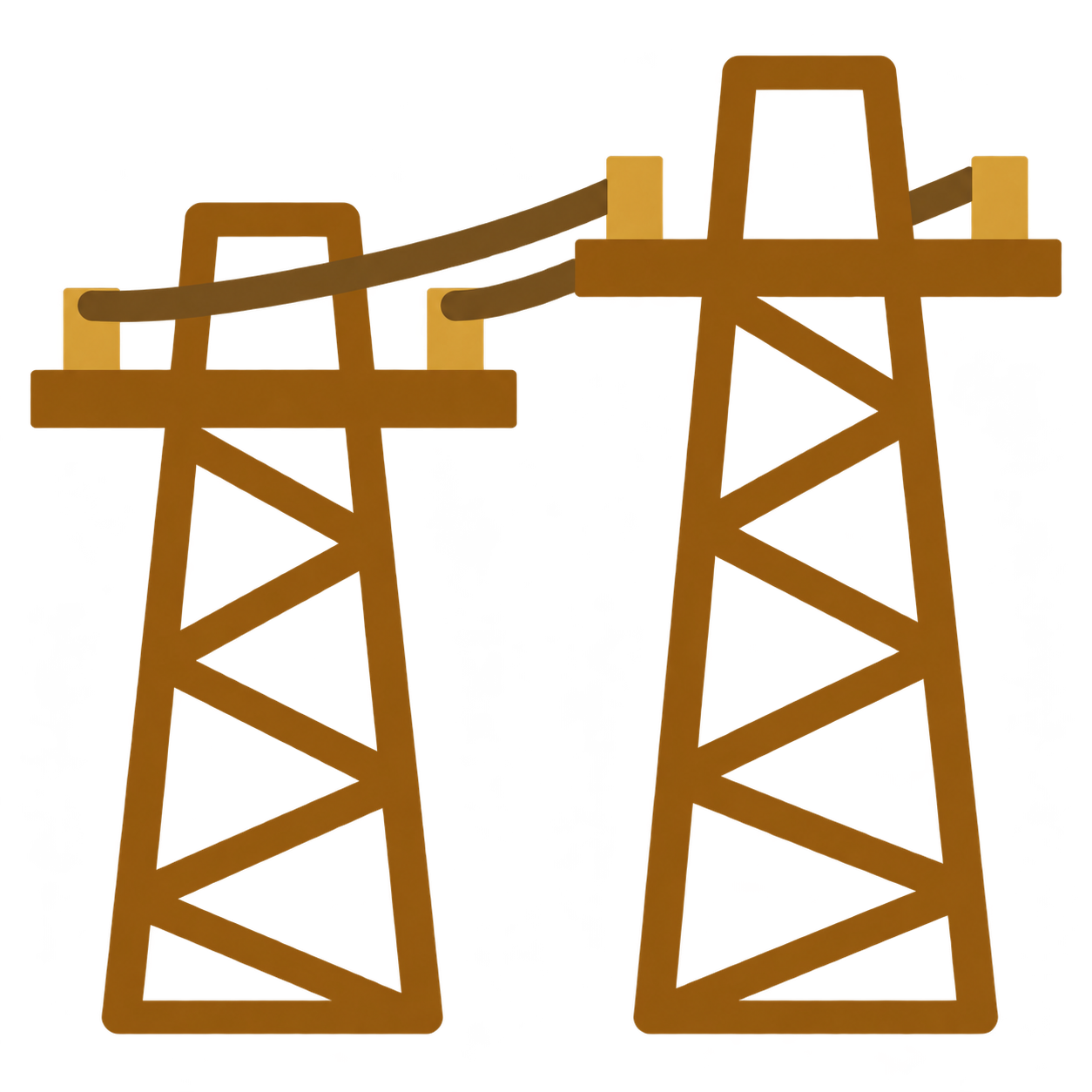 Two amber electricity transmission towers connected by power lines.