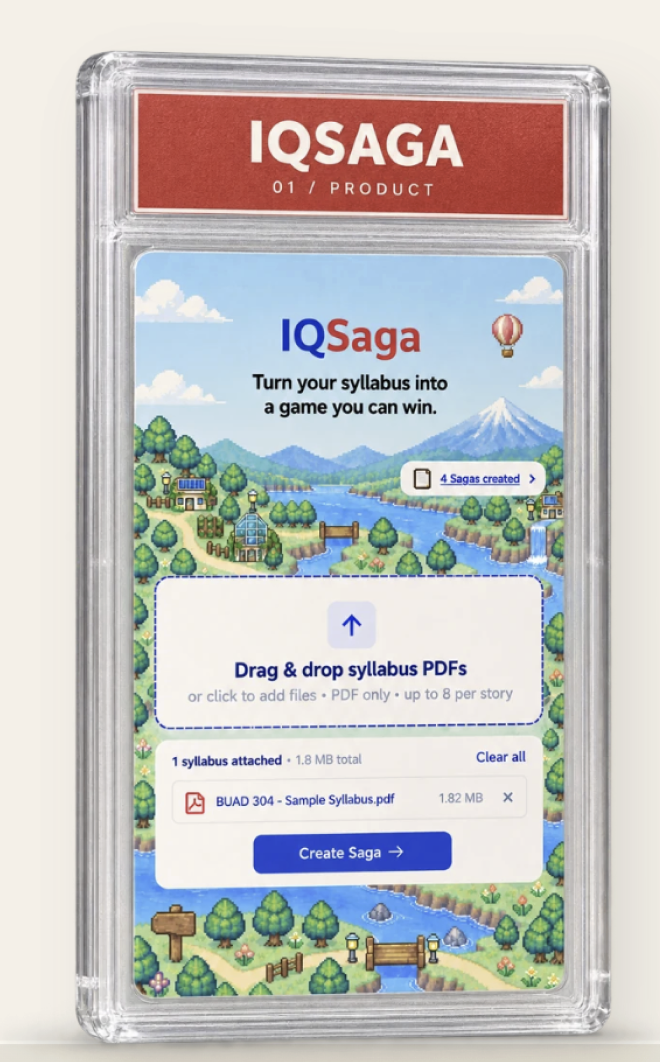 IQSaga application shown in the collectible-style frame supplied by Chris Barry.